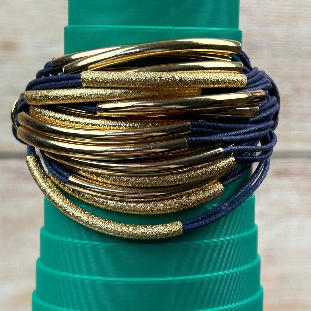 Saachi Navy Blue Multi Strand‎ Cord Bracelet Gold Tone Textured Tube Statement
